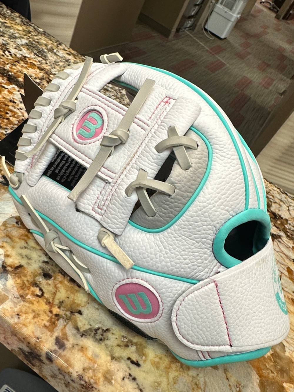 Wilson White Kids Baseball Glove with Teal & Pink Accents